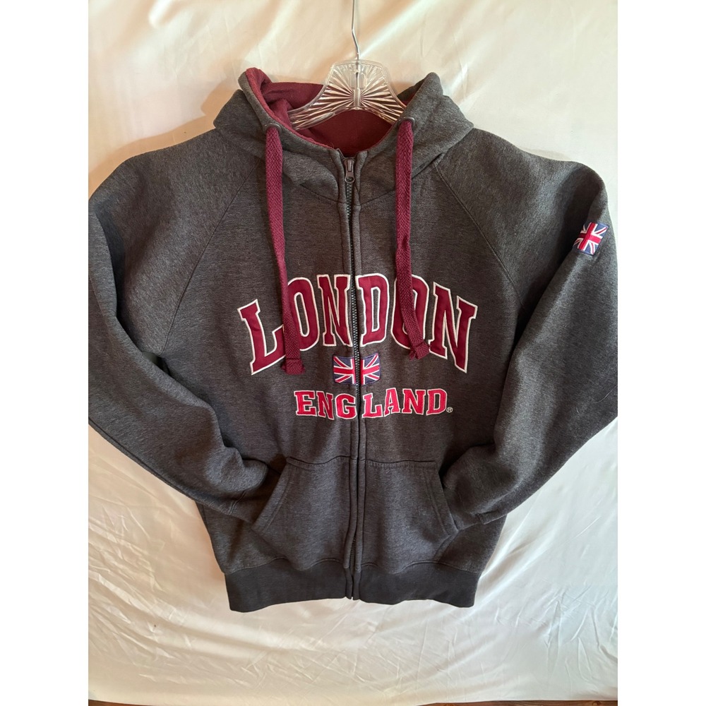 K.K. Apparel London England‎ Full Zip Hoodie Gray Burgundy Union Jack Womens XL